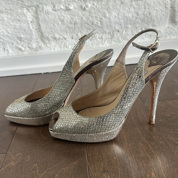 JIMMY CHOO Nova Slingback Heel Peep Toe Platinum Silver Glitter Size 39 - Picture 9 of 11